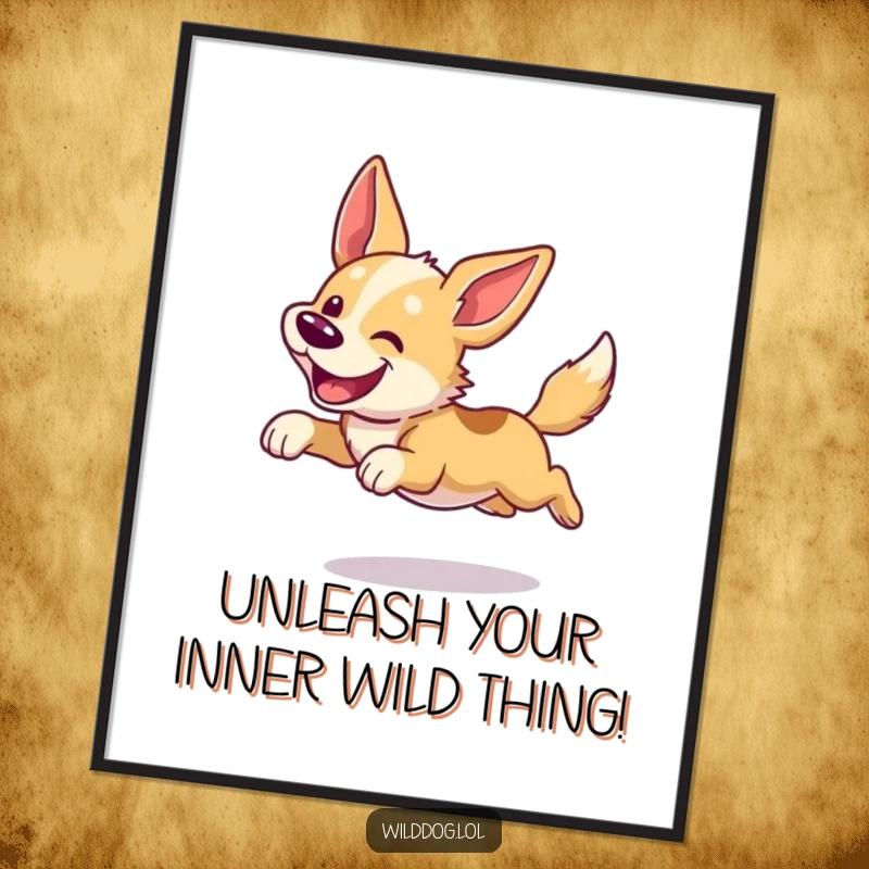 Funny Free Printable Wall Art: Energetic wild dog leaping high with ears flapping, embodying pure, unadulterated happiness.