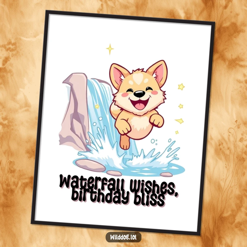 Funny Free Printable Wall Art: A dog leaps ecstatically through a sparkling waterfall, beaming with happiness.