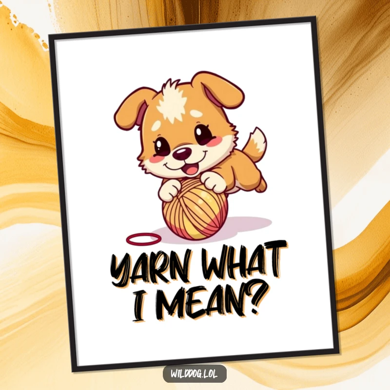 Funny Free Printable Wall Art: A wild dog in mid-pounce, energetically attacking a bouncing ball of yarn, full of playful spirit.