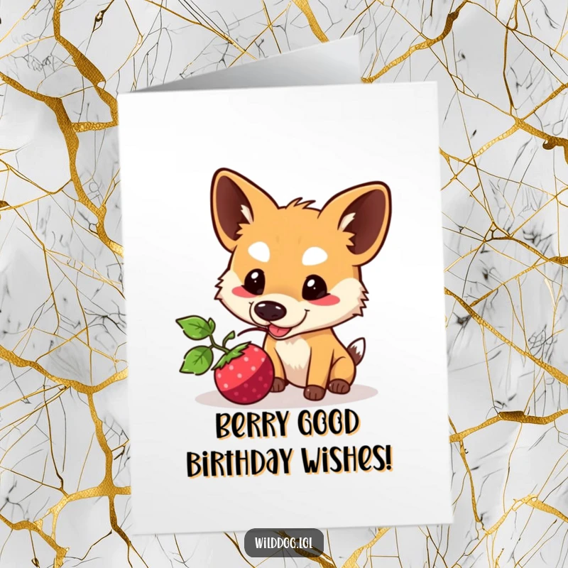 Funny Free Printable Birthday Card: Kawaii dog playfully nudging a berry, bringing birthday cheer with a smile.