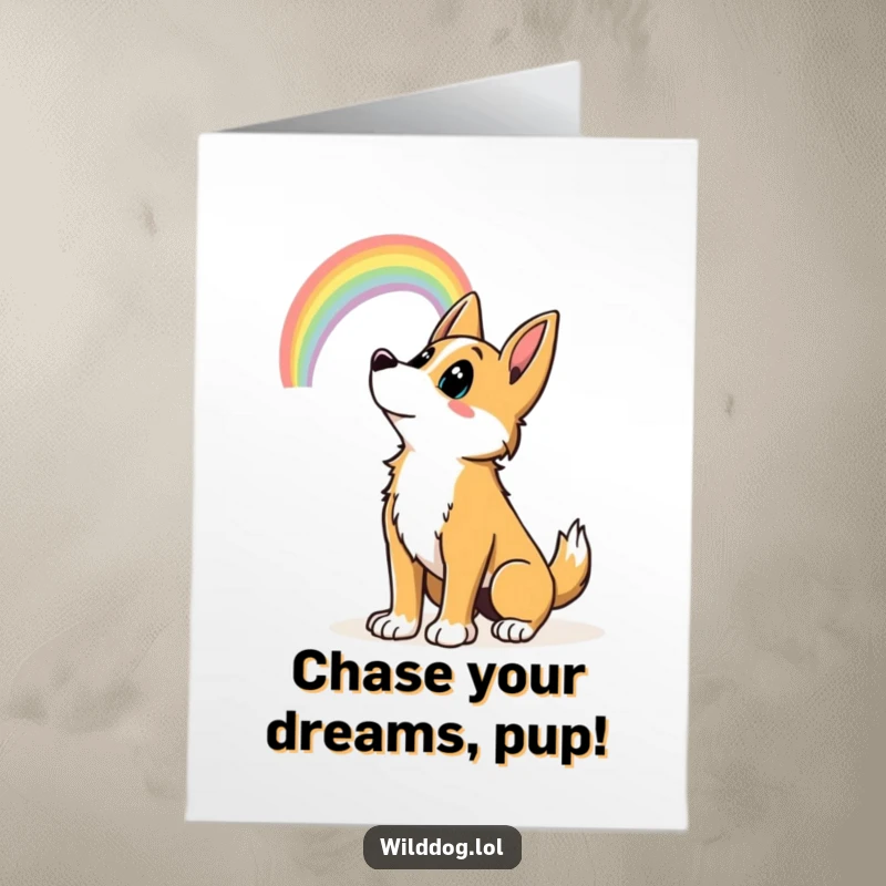 Funny Free Printable Birthday Card: Wild dog with wagging tail looking excitedly at a vibrant rainbow.