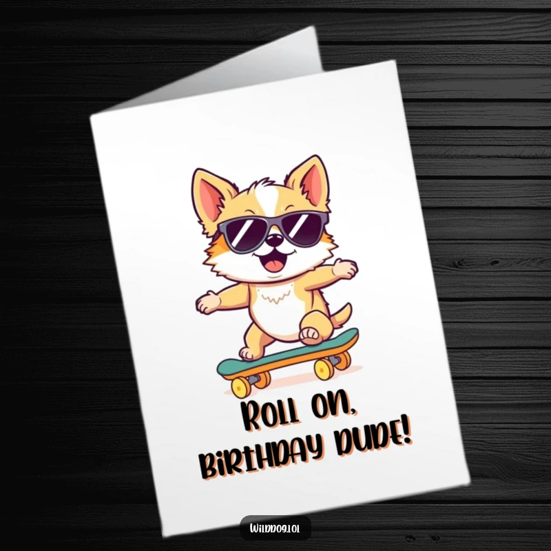 Funny Free Printable Dog Birthday Card: A cool wild dog in sunglasses rides a skateboard downhill. Great for a downloadable DIY celebration.