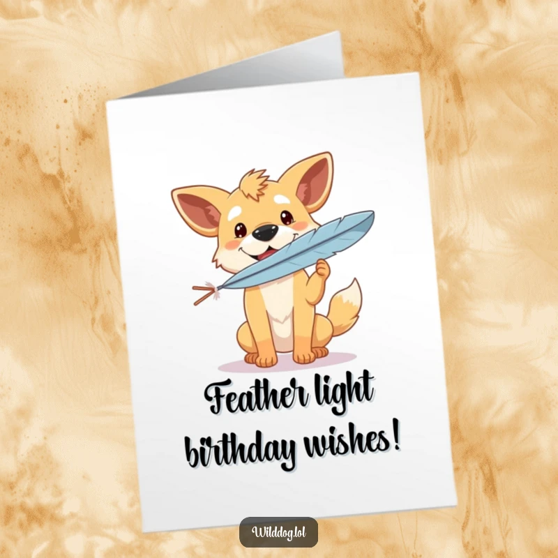 Funny Free Printable Birthday Card: A wild dog with a beaming smile, perfectly balancing a single delicate feather on its nose.