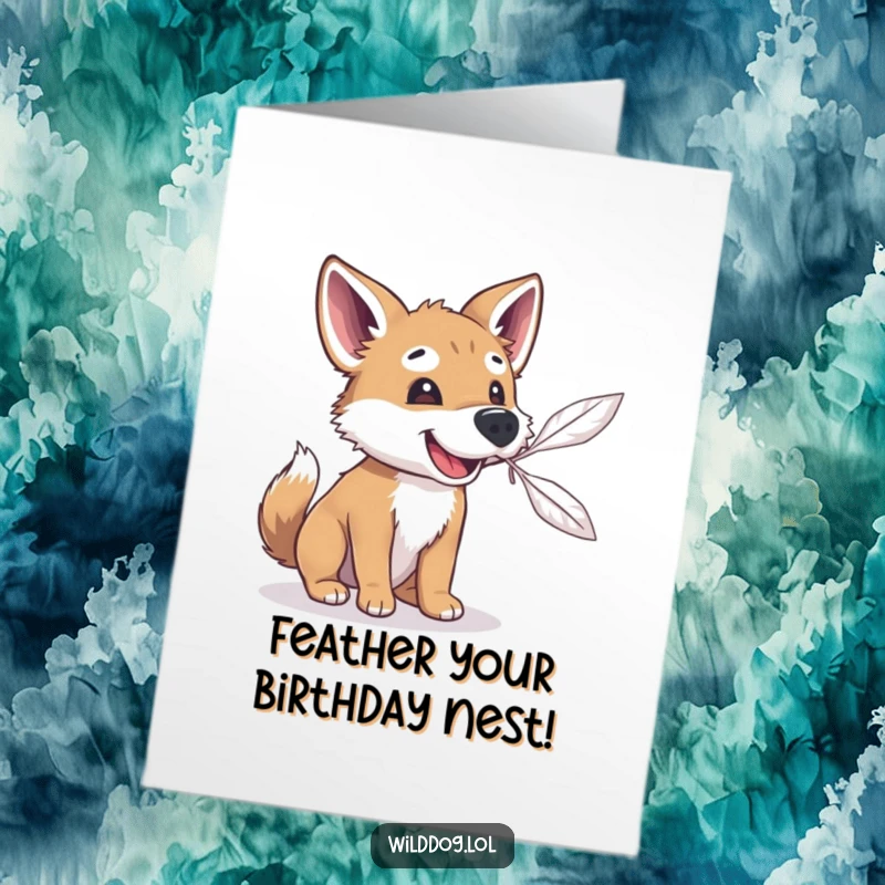 Funny Free Printable Birthday Card: Playful wild dog trying to catch a floating feather with its nose, full of mischief.