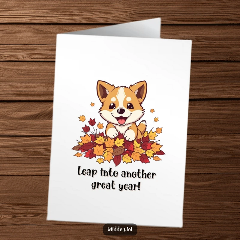 Funny Free Printable Birthday Card: A wild dog playfully pouncing into a pile of autumn leaves, full of autumn joy.