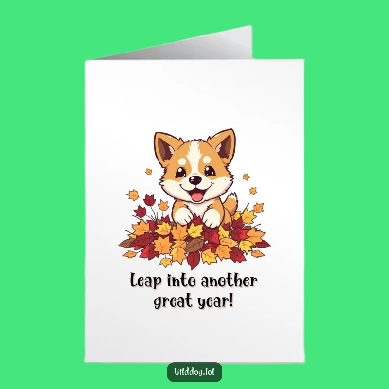 Free Printable Birthday Card: Dog's Leaf Pounce Fun, Downloadable Gift