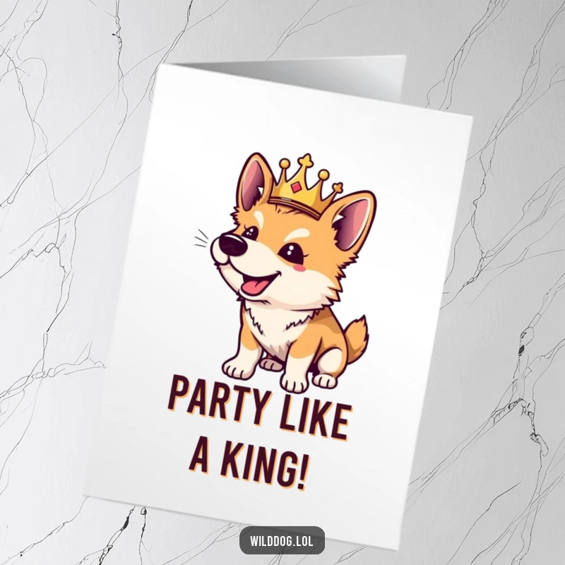 Funny Free Printable Birthday Card: A wild dog wearing a tiny crown, barking joyfully.