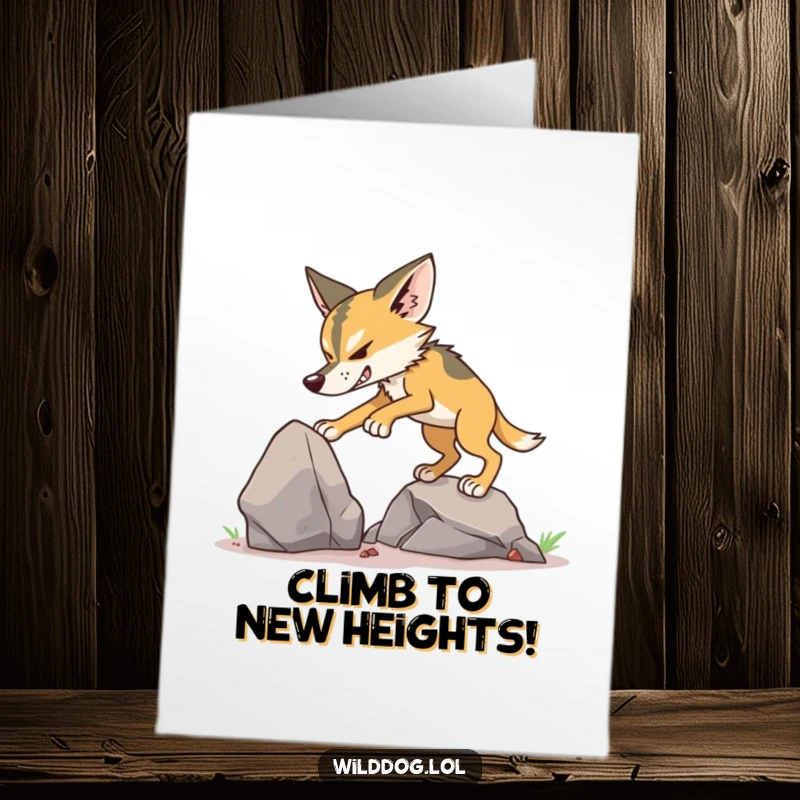 Funny free printable birthday card showing a determined wild dog making an effort to climb a small, solid rock.