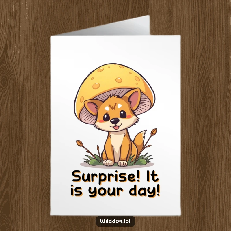 Funny free printable birthday card showing a mischievous wild dog peeking playfully from behind a large, vibrant mushroom.
