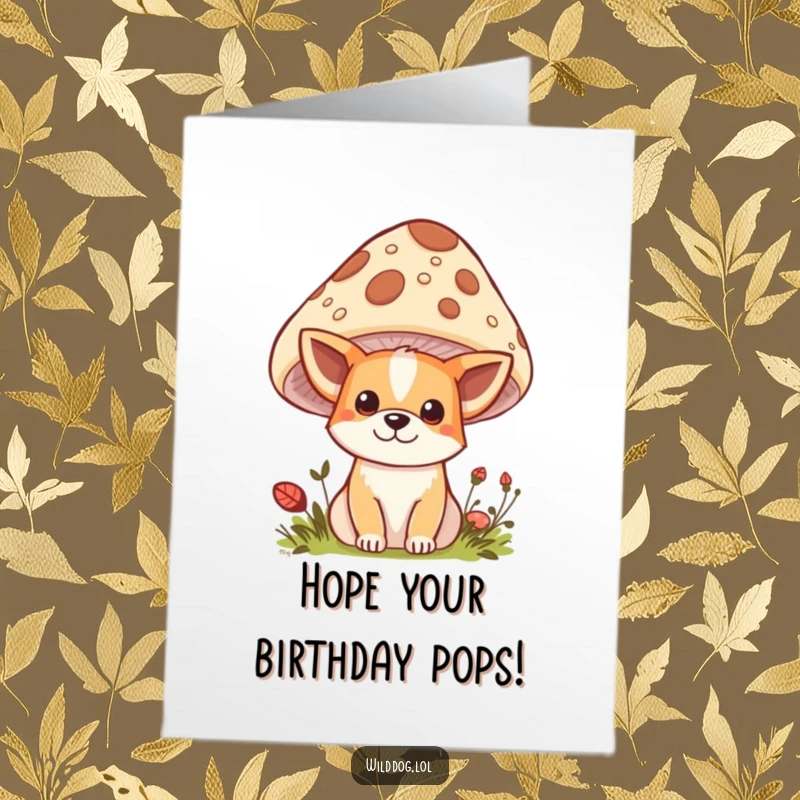 Funny Free Printable Birthday Card: Kawaii dog peeking from behind a spotted mushroom, ready for birthday surprises.
