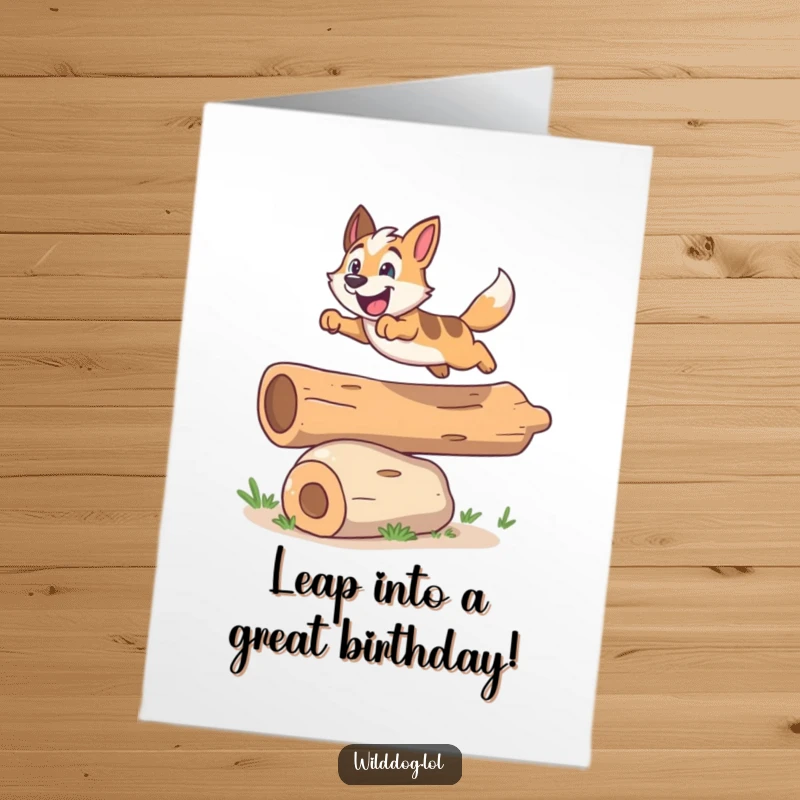 Funny Free Printable Wild Dog Birthday Card: An energetic dog leaping over a small log with a cheerful expression, celebrating big.