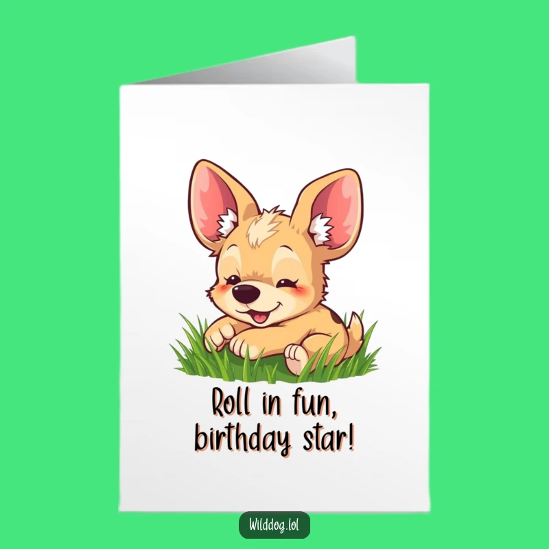 Free Printable Wild Dog Rolling Grass Birthday Card - Cute Downloadable Art for Him Her