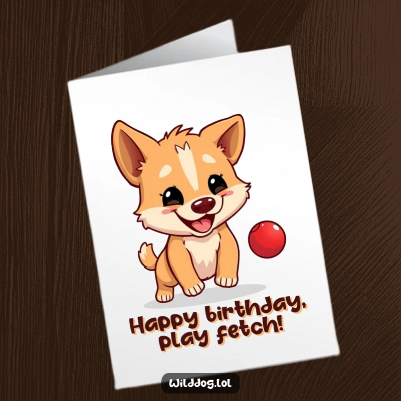 Funny free printable birthday card: a wild dog happily bouncing a tiny red ball with great focus and energy.