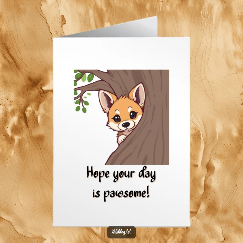 Funny Free Printable birthday card featuring a wild dog peeking around a tree with wide, curious, and adorable eyes.