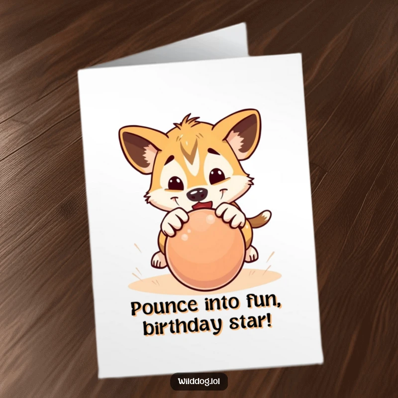 Funny Free Printable Birthday Card: A wild dog puppy playfully pounces with excitement on a rolling ball, ready to celebrate.