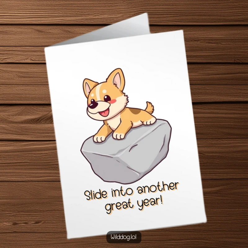 Funny Free Printable Birthday Card showing a happy wild dog joyfully sliding down a smooth rock face, capturing pure fun.