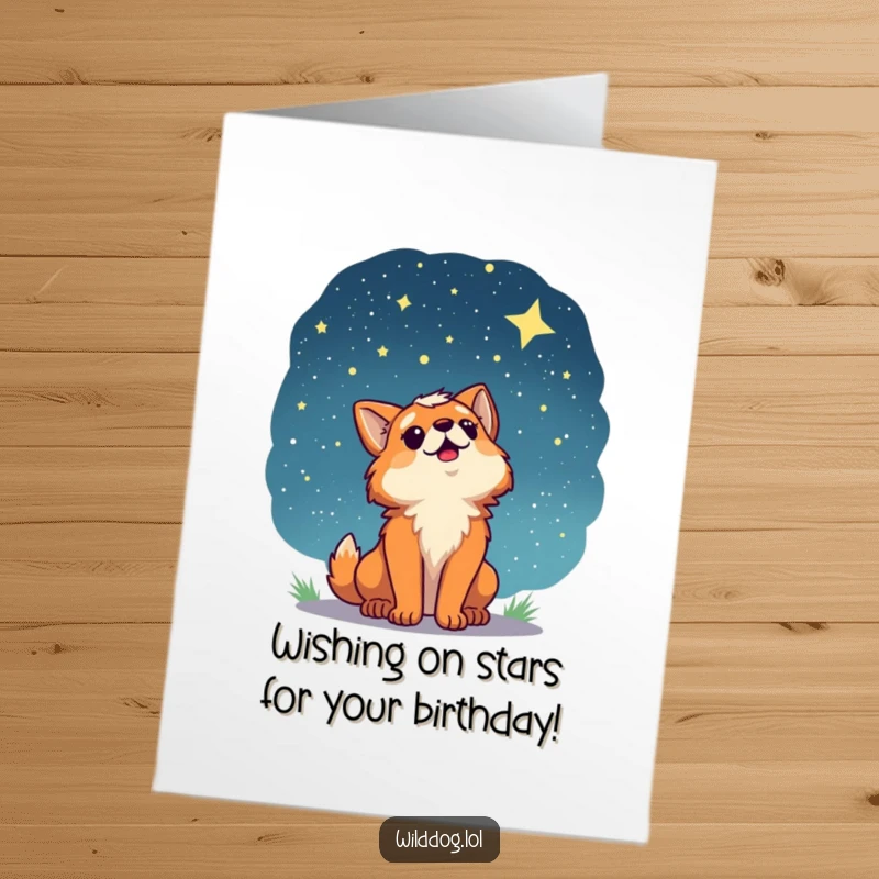 Funny Free Printable Birthday Card: A wild dog looking up at a starry night sky with immense wonder and joy.
