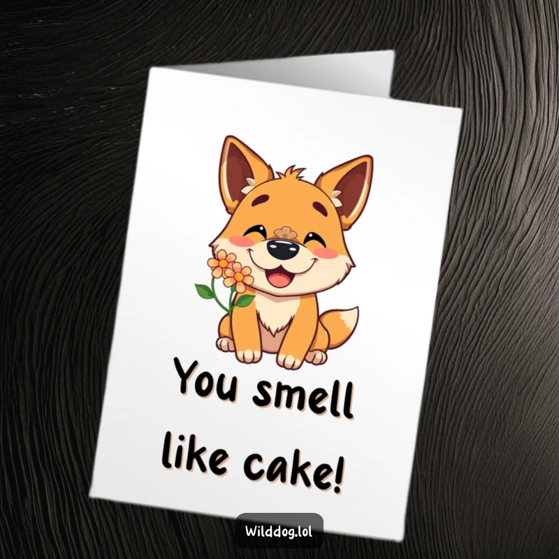 Funny Free Printable Birthday Card: A wild dog grinning delightedly while balancing a flower perfectly on its nose, sending happy wishes.