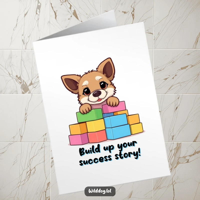 Funny Free Printable Congrats Card: Curious wild dog peeking over colorful building blocks, celebrating a big win.