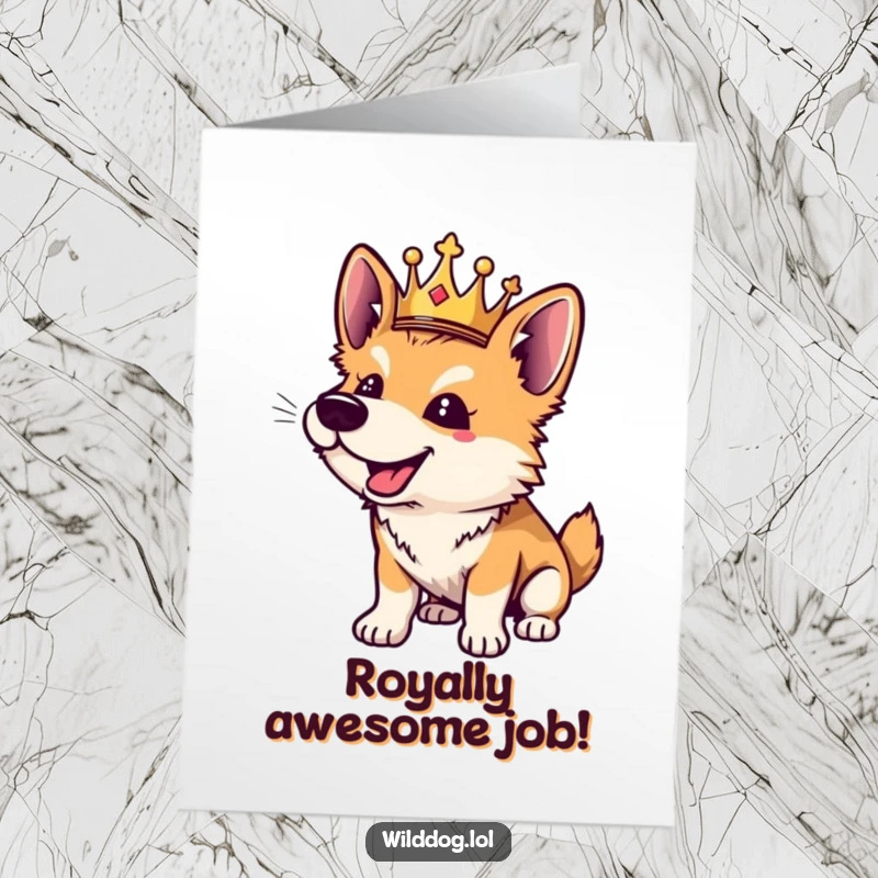 Funny Free Printable Congratulations Card: Wild dog sporting a small crown, barking with playful excitement.
