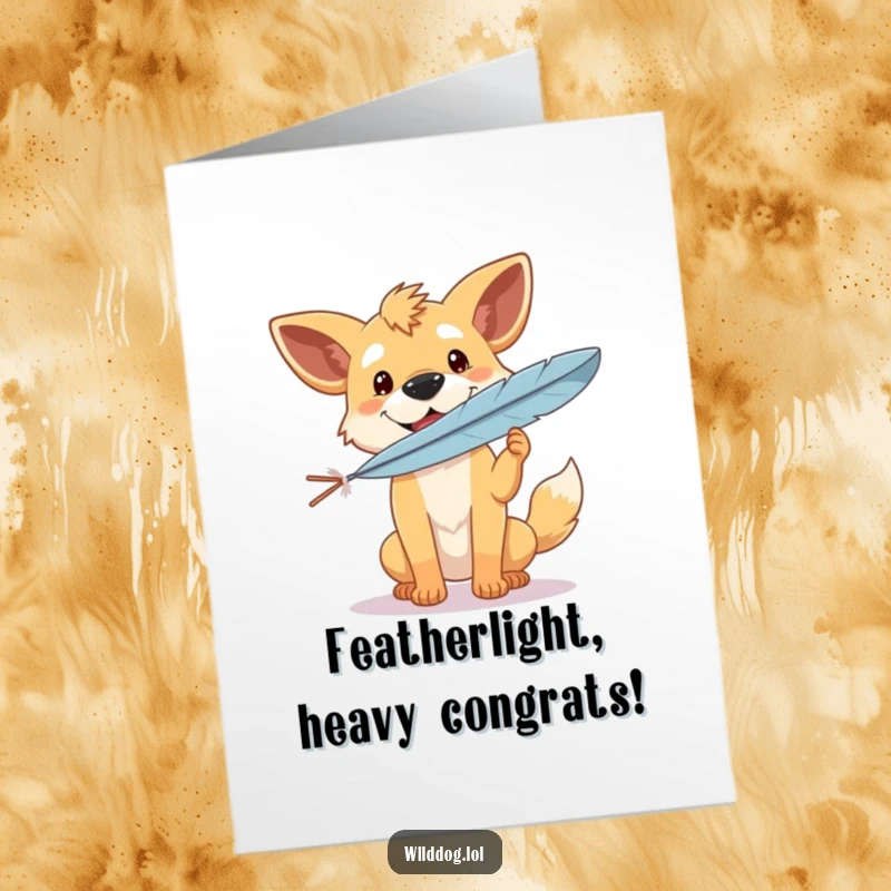 Free Printable Congratulations Card: A gleeful wild dog mastering the art of balancing a light feather, celebrating your triumph.