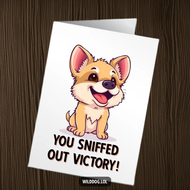 Funny Free Printable Congrats Card: A joyful dog intensely sniffs the air, sensing good news.