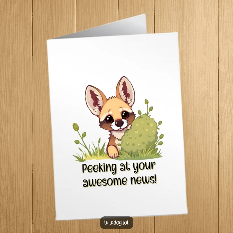 Funny free printable congratulations card of a wild dog peeking from behind a bush, ears up, attentively observing success.