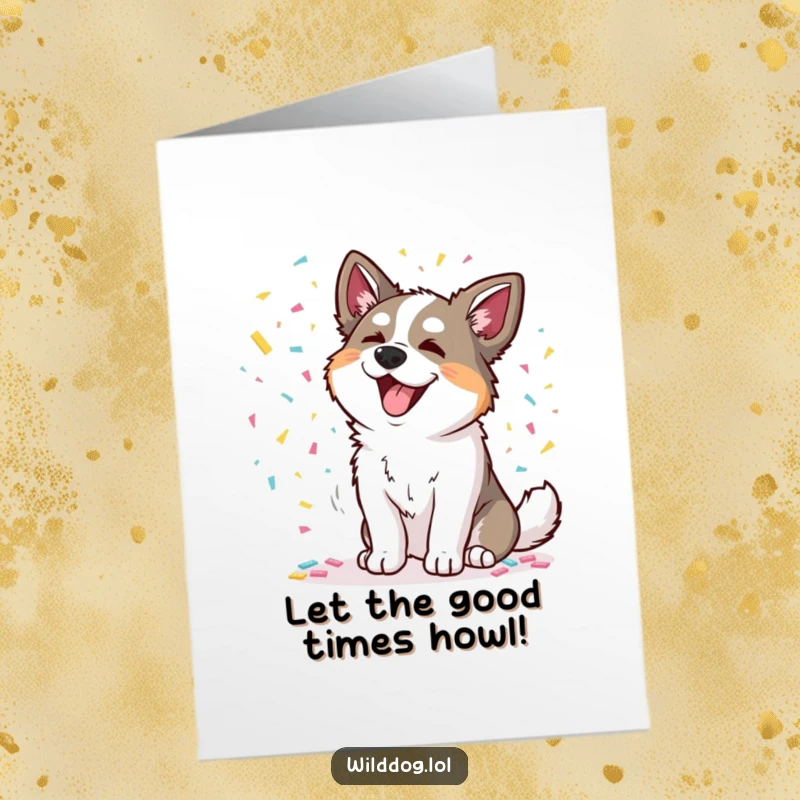 Funny free printable congratulations card: a dog joyfully scattering colorful confetti, celebrating a big win with wild enthusiasm.