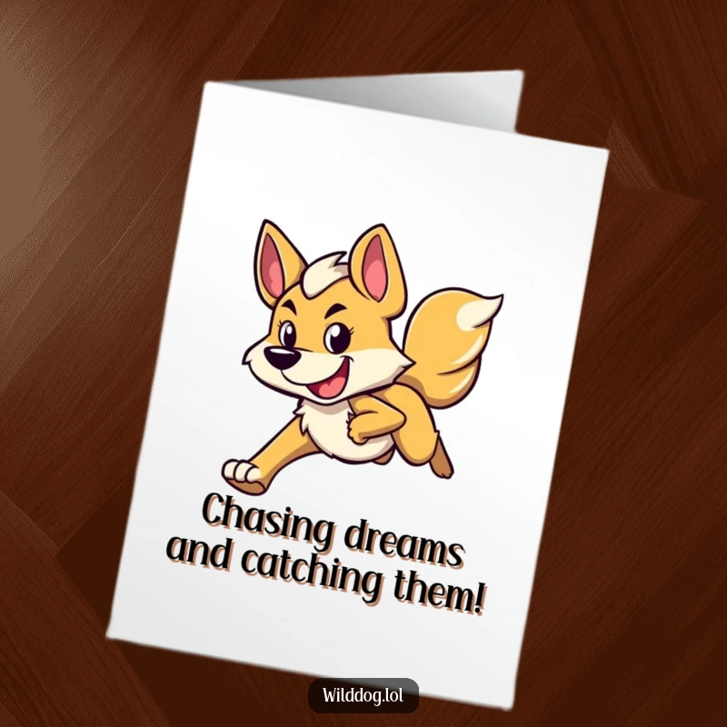 Funny Free Printable Congratulations Card: A wild dog with a determined and happy look, sprinting towards victory.