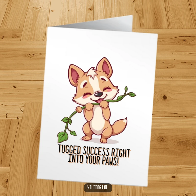 Funny Free Printable Congratulations Card: A wild dog enthusiastically tugging on a long vine, celebrating your victory.