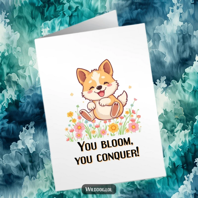 Funny free printable congratulations card showing a jubilant wild dog rolling in a meadow of bright flowers, celebrating success.