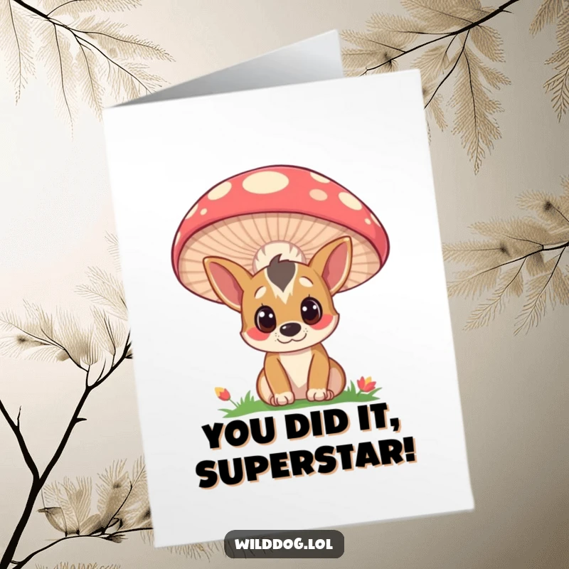 Funny Free Printable Congratulations Card: A curious wild dog peeking from behind a mushroom, conveying surprise and delight for their achievement.