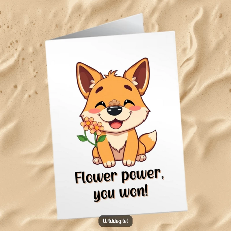 Funny Free Printable Congratulations Card: A wild dog beaming with a flower balanced on its nose, celebrating an achievement with pure delight.
