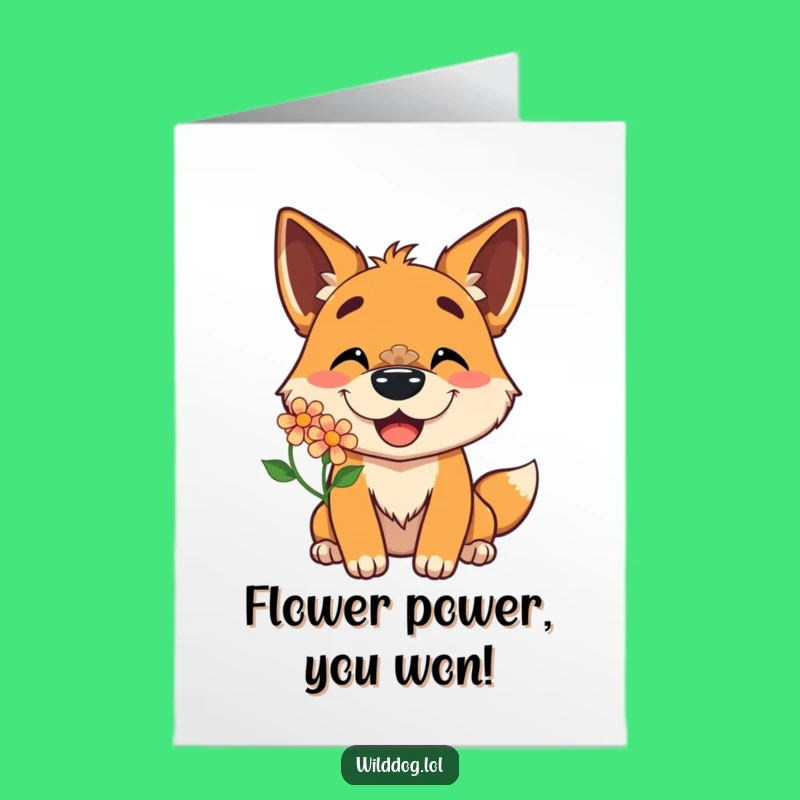 Free Printable Congratulations Card: Delighted Dog Balancing Flower - Funny Downloadable Dog Greeting!