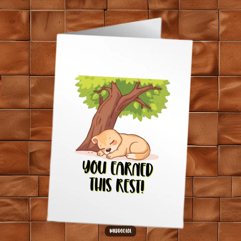 Funny free printable congratulations card featuring a content wild dog deeply asleep under a sunny tree, symbolizing peaceful success.