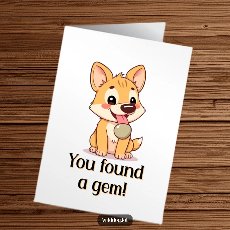 Funny Free Printable Congrats Card: Kawaii dog panting happily, holding a shiny pebble, celebrating your win.