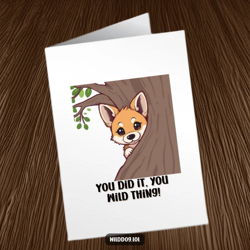 Funny Free Printable congratulations card of a wild dog peeking around a tree, its eyes full of curiosity and wonder.