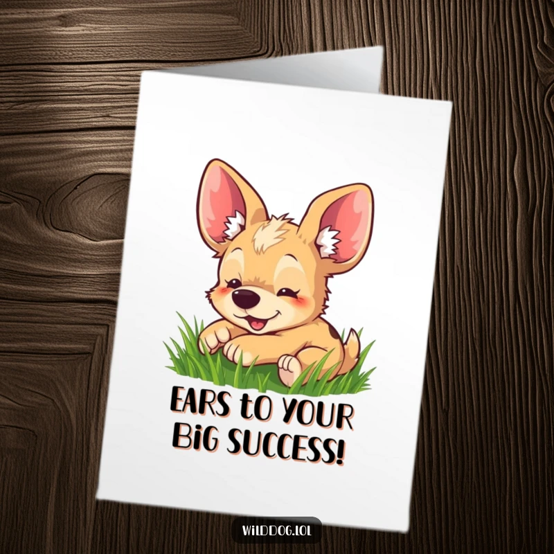 Funny Free Printable Wild Dog Congratulations Card: A happy dog with oversized ears rolling joyfully in grass, celebrating success.
