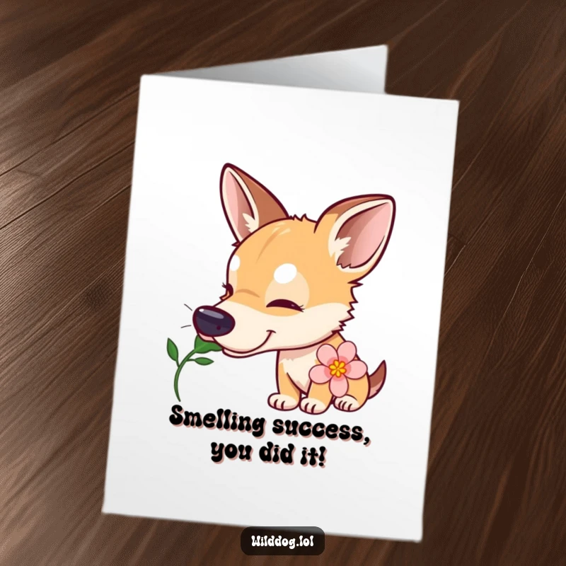Funny Free Printable Congratulation Card: Curious wild dog sniffing a flower with a tilted head, celebrating success.