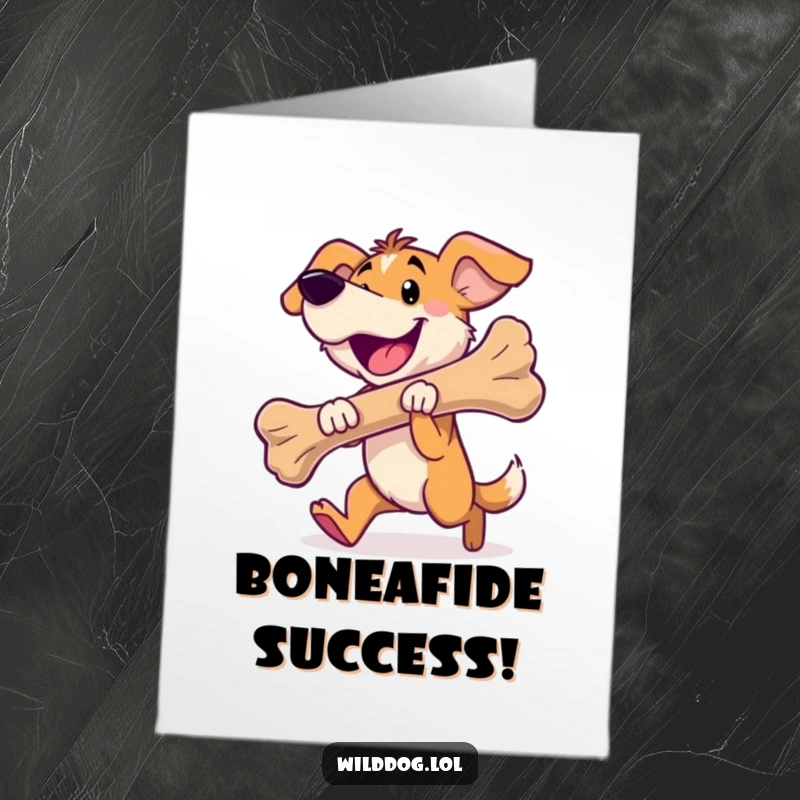Funny Free Printable Congrats Card: A wild dog proudly carries an oversized bone, celebrating achievements.