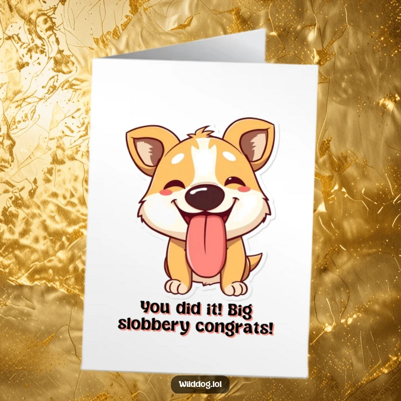 Funny Free Printable Congratulations Card: A happy panting dog with its tongue out, celebrating your big win.