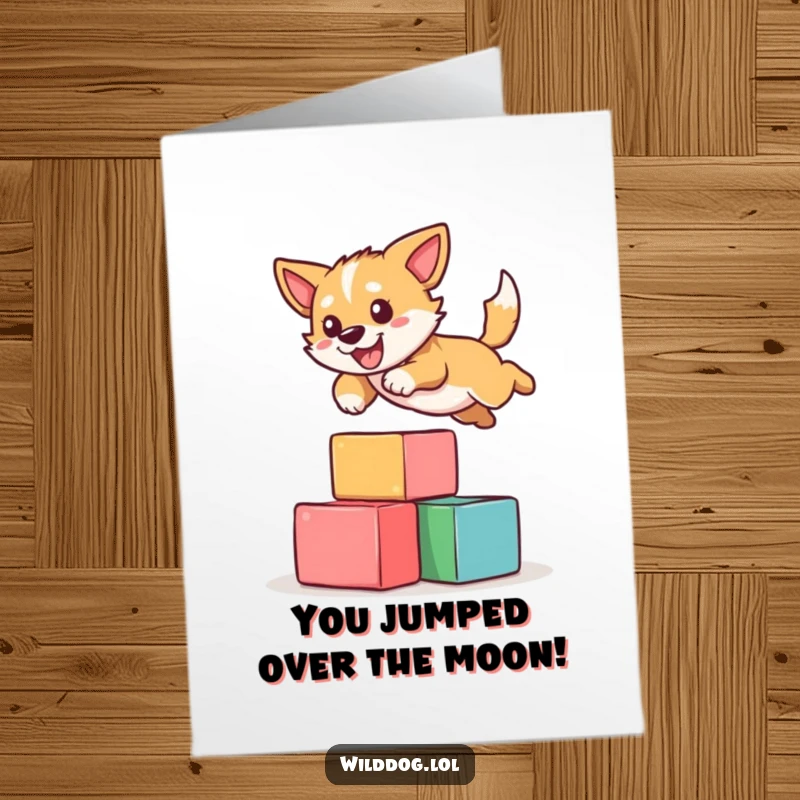 Free Printable Congratulations Card: A wild dog soaring over colorful blocks, celebrating your impressive accomplishment.