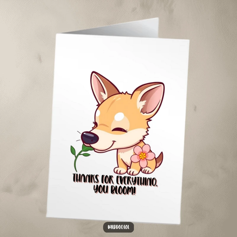 Funny Free Printable Thank You Card: Curious wild dog tilts head, sniffing a flower, showing gratitude.