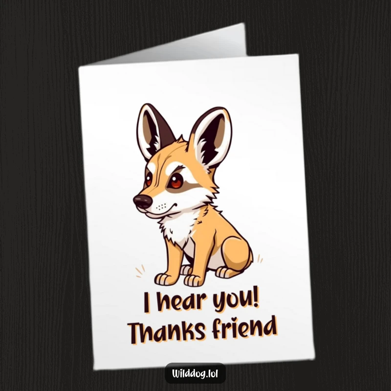 Funny Free Printable Thank You Card: Wild dog with ears up, listening for your thanks, a downloadable gift.