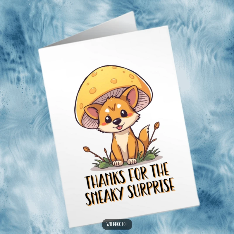 Funny free printable thank you card of a mischievous wild dog peeking curiously from behind a large, brightly colored mushroom.