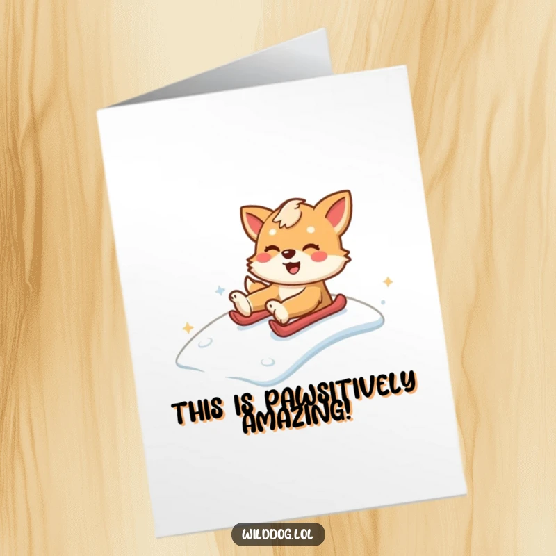 Funny Free Printable Thank You Card: Wild dog joyfully sliding down a small snowy hill.