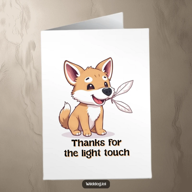 Funny Free Printable Thank You Card: Playful wild dog trying to catch a floating feather, showing playful gratitude.