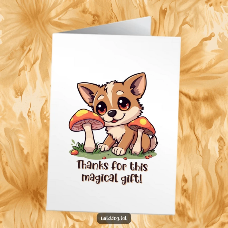 Funny Free Printable Thank You Card showing a wild dog with wide eyes investigating a brightly glowing mushroom, a magical thank you.