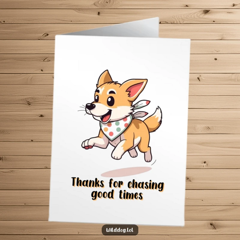 Funny Free Printable thank you card of a wild dog sporting a bandana, racing with the wind in a joyful, energetic manner.