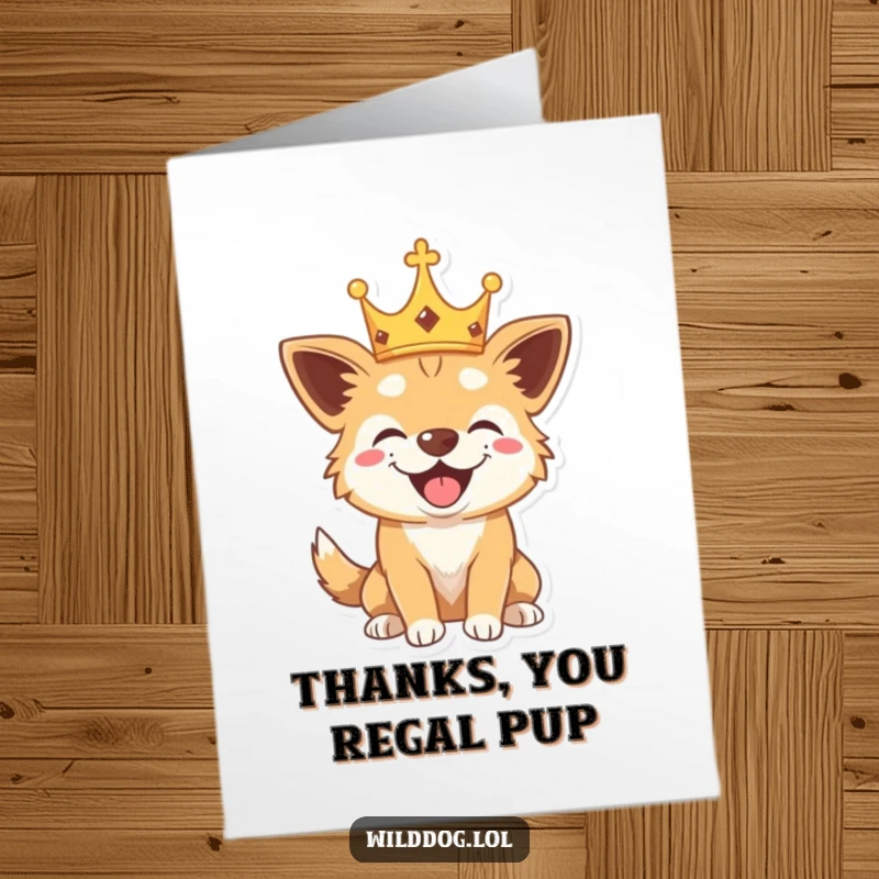 Funny Free Printable Dog Thank You Card: A playful wild dog wearing a small crown barks merrily. Ideal for a downloadable DIY thank you.